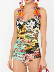 Floral Patchwork Print Beachwear 2023 Summer Women's Swimwear Backless One-Piece Swimsuit and Cover-up Sexy Bathing Suits Sports