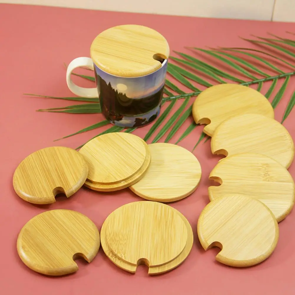 Bamboo Cup Lid With Spoon Holes Wooden Cup Cover For Containers Jars Bowls Food-Grade Airtight Wooden Lid Party Drink Accessory