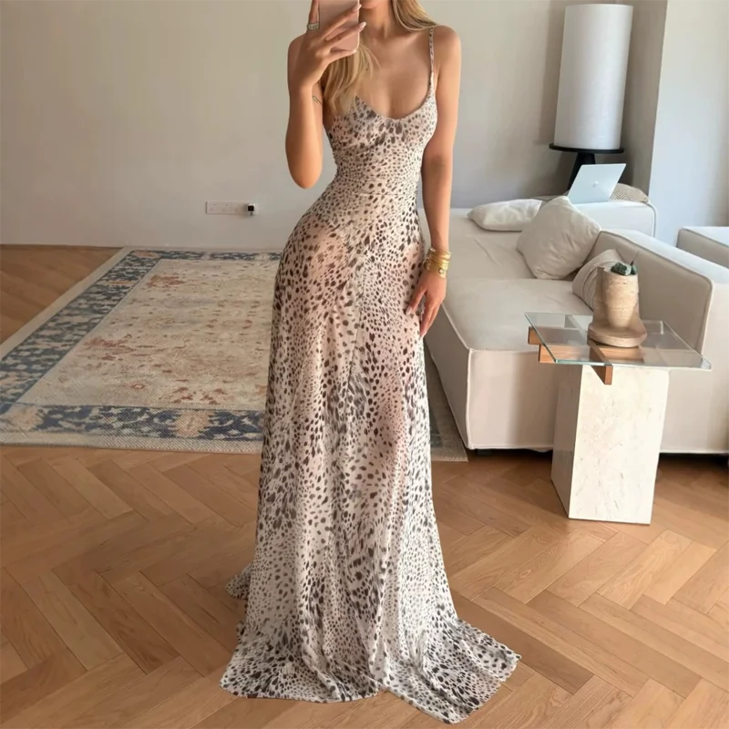 2026 Women Leopard Maxi Dress Spaghetti Strap Long Dress Slim Fit A Line Y2K Vintage Elegant Casual Summer Beach Party Dress
