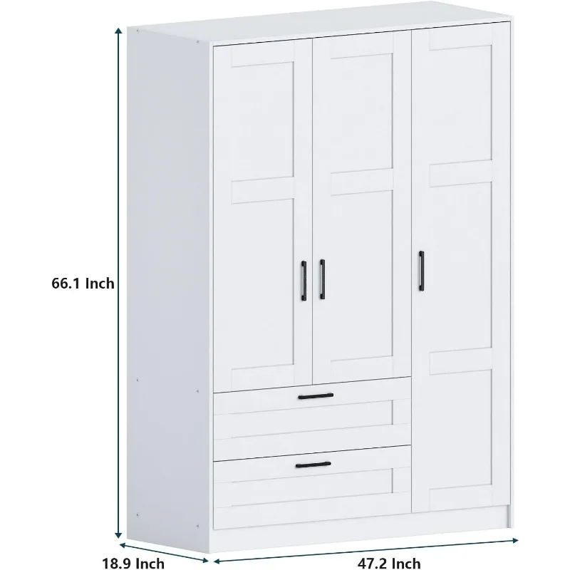 3 Doors Wooden Wardrobe Closet Armoire, White Storage Cabinet for Hanging Clothes