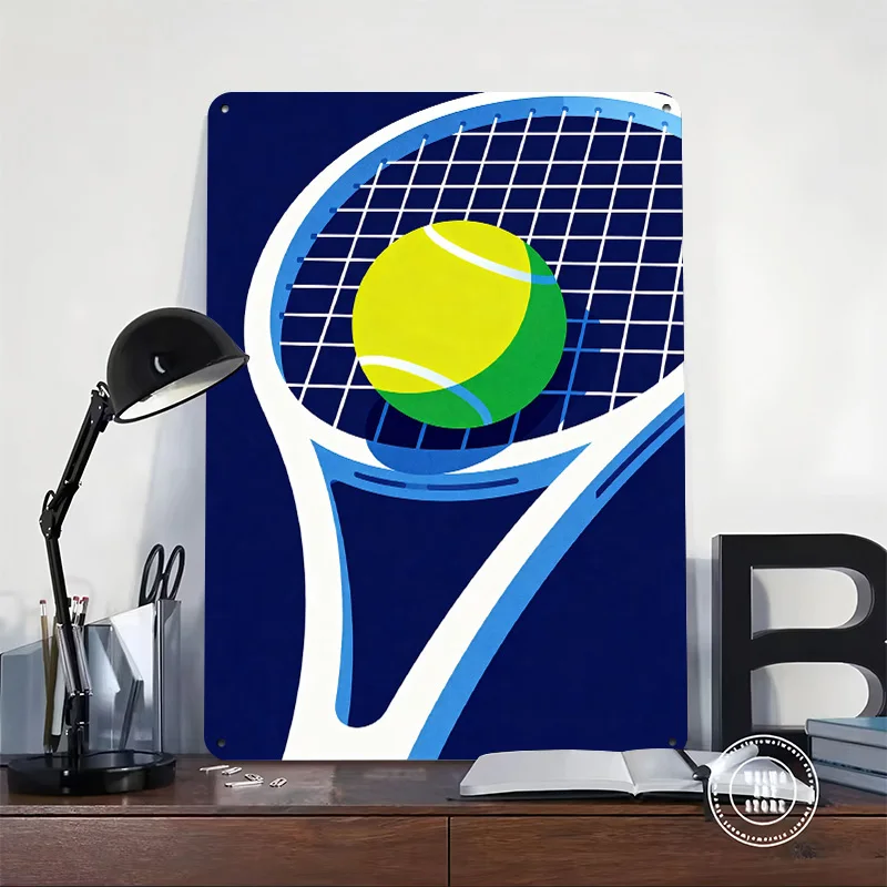 Tennis Racket and Ball Illustration 3D Texture Printed Poster Custom Vintage Metal Tin Plate Sign for Wall Art Wand Deko House