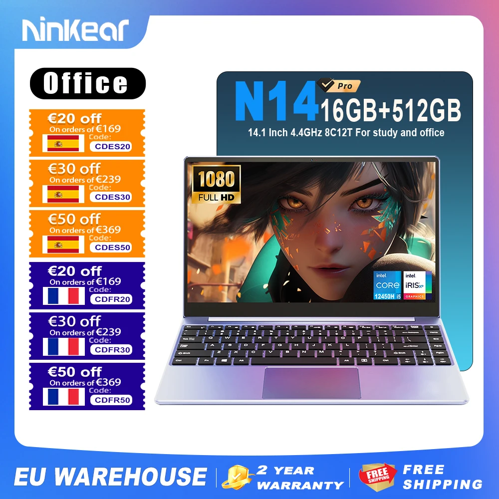 Ninkear Laptop  N14 Pro 14.1'' FHD IPS Intel Core i5 12450H Up to 4.4GHz 16GB DDR4+512GB SSD Dual fans design backlit keyboard