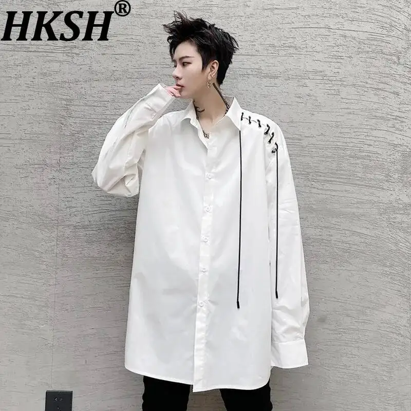 

HKSH Spring Summer New Men's Tide Korean Long-Sleeve Loose Fit White Shirt Tie Unique Design Trendy Stylish Casual Tops HK22370