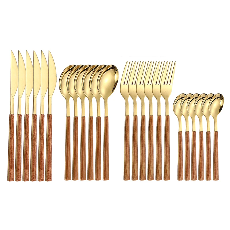 

24pcs Golden Covered Stainless Steel Imitation Wooden Utensils Complete Tableware Set Dinnerware Set Forks Knives Spoons Sets