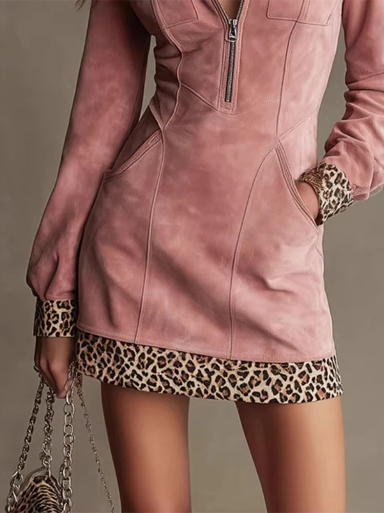 فستان قصير من جلد الغزال الصناعي بتصميم عتيق بطبعة الفهد وأكمام طويلة وسحاب فستان أوائل الربيع مع جيب