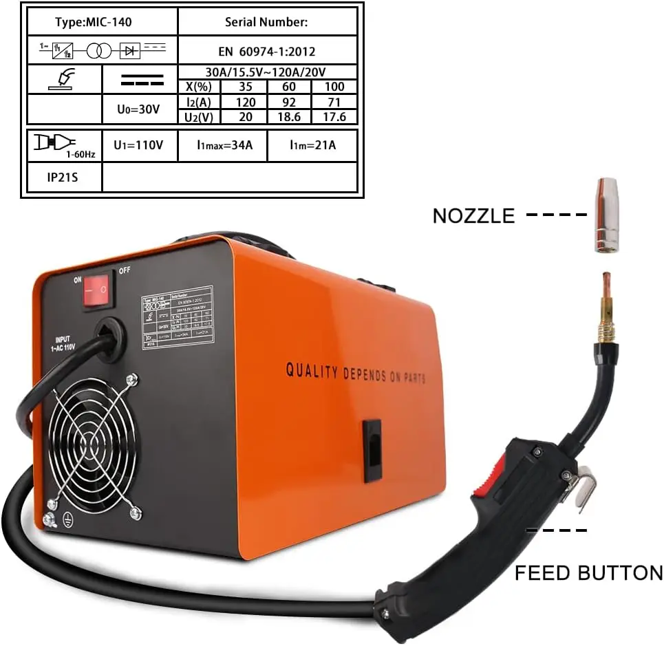 Soldador MIG de 140 amperios, máquina de soldadura sin gas con inversor IGBT, soldador automático de alimentación de alambre, AC 110V