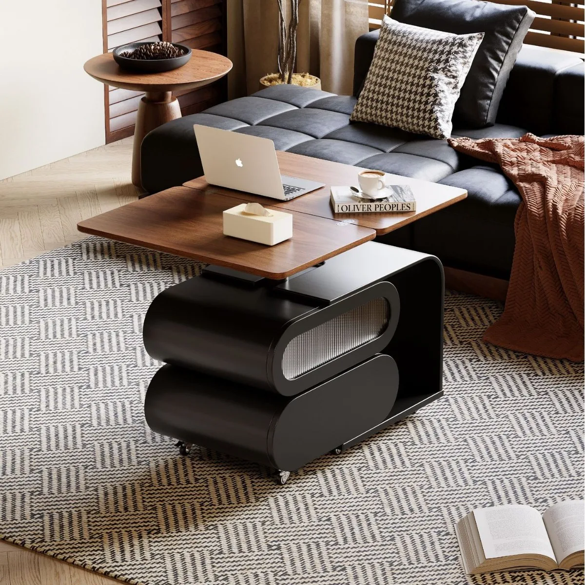 Simple and multi-functional side table, living room can be lifted and folded, rotating coffee table can be moved to store table