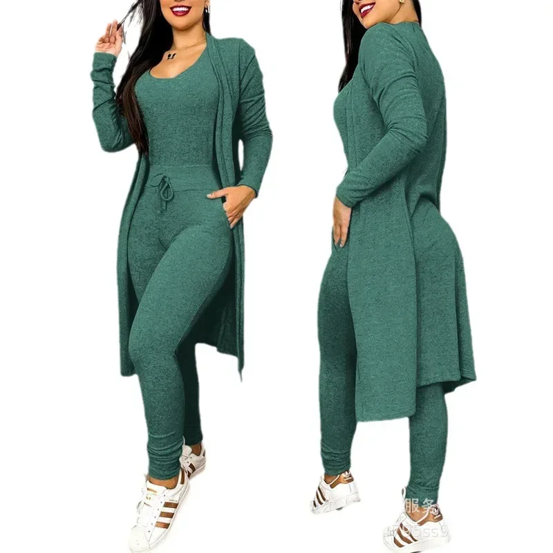 Drawstring Pocket Design Jumpsuit & Coat Set Autumn 2023 Women One Piece Long Pants Jumpsuit High Waist Coats Two Piece Sets