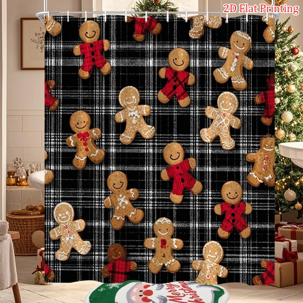 [2D Flat Printing] 1pc Christmas Gingerbread for Man 2D Flat Shower Curtain Festive Cookies Plaid Pattern Bath Curtain for Bathroom Decor 70.8x70.8 Inch with 12 Hooks, 2D Flat