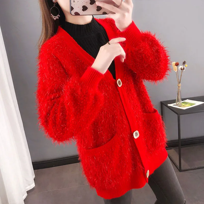 Bright Silk Knitwear Cardigan Women\'s Spring Autumn New Loose Thick Sweater Jacket Female Casual Knitted Sweaters Coat Trend 3XL