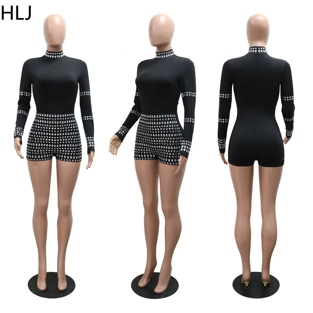 HLJ Fashion Solid Color Rhinestone Bodycon Rompers Women Half High Collar Long Sleeve Slim Jumpsuits Female Party Club Overalls