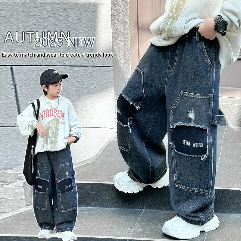 

New Kids Designer Distressed Denim Pants Children Baggy Patchwork Parachute Jeans for Teenage Boy Age 5 6 7 8 9 10 11 12 13 14 Y