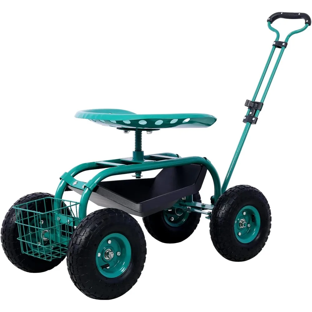 

rolling garden cart with 4 wheels tool tray basket adjustable height 360-degree swivel heavy-duty frame easy assembly garden sco