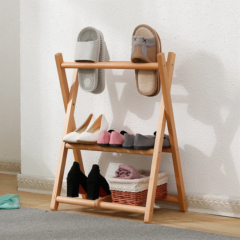 

Japanese folding shoe rack Solid wood multi-layer simple modern door dormitory Wooden simple slipper rack