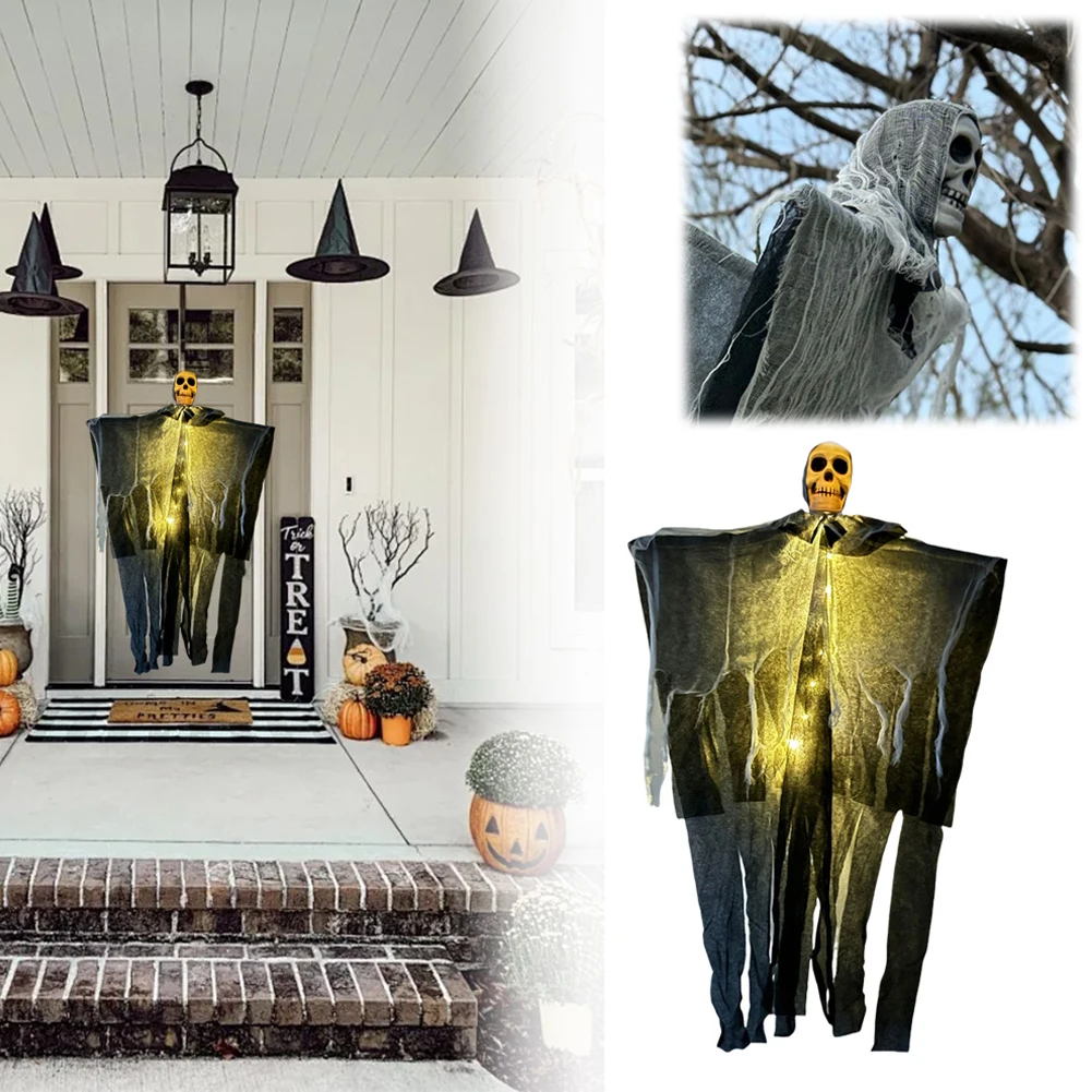 

Hanging Skeleton Ghost with LED Lights Grim Reapers Patio Porch Skull Prop for Haunted House Halloween Party Decoration