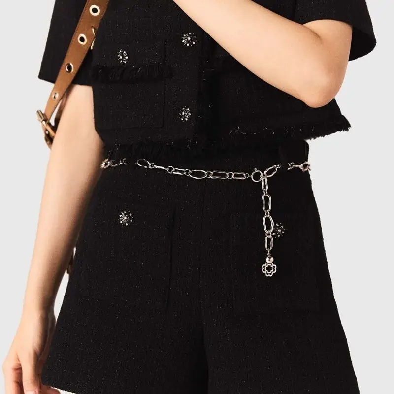 

High Waist Wide Leg Pants Women's Faion Diamond Decorated Double ket Tweed ort Pants Straight Cut French Sle Casual ...