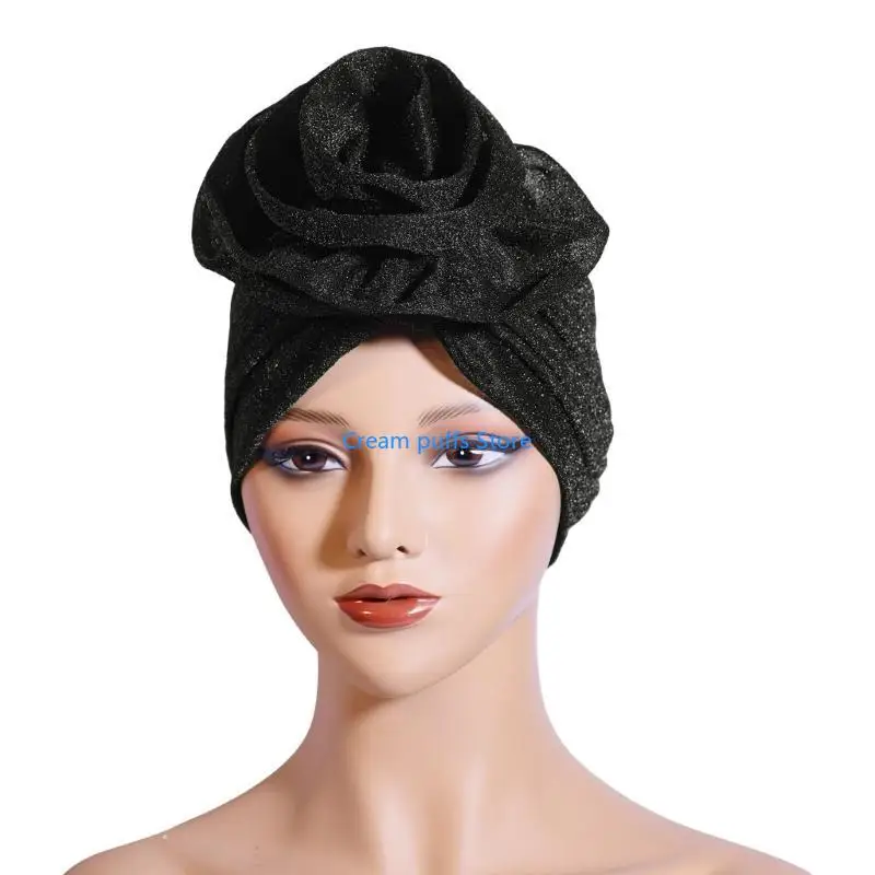 

50LE African Turban Hat for Women Fashion Turban Headwrap Hat Ethnic Flower Bonnet Hat with Bright Yarn for Daily Wear