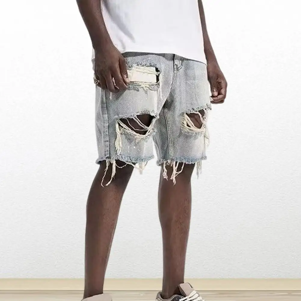 

Men Denim Shorts Button Zipper Fly Multi Pockets Short Jeans Straight Fit Ripped Holes Knee Length Distressed Denim Shorts