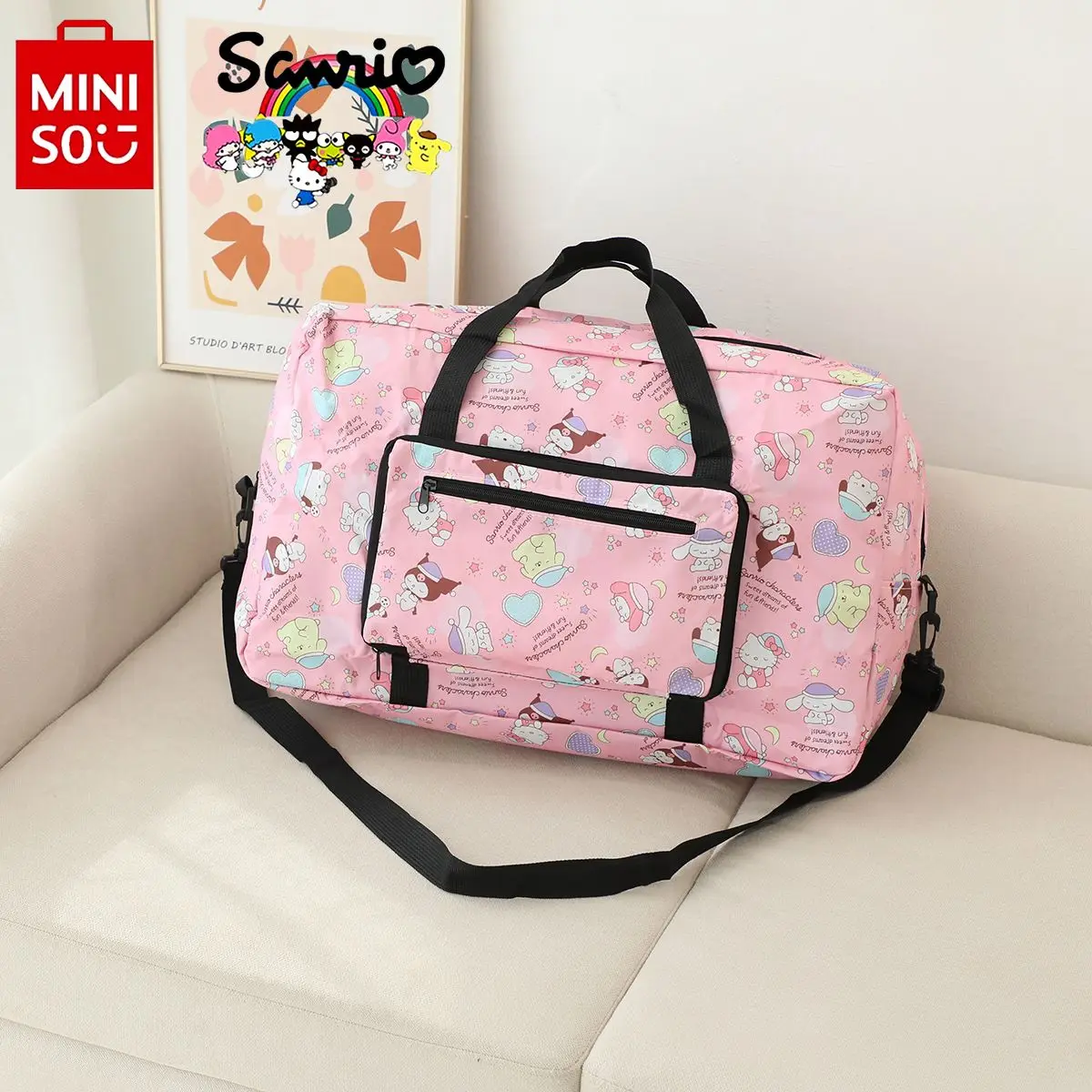 Miniso Sanrio New Handheld Travel Bag Fashionable and High Quality Foldable Luggage Bag Cartoon Large Capacity Home Storage Bag