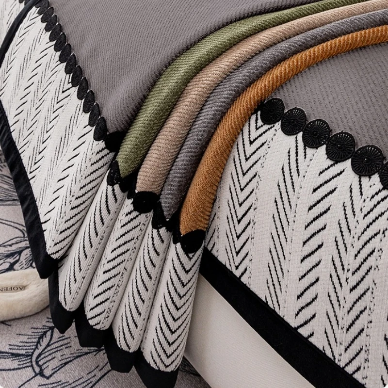 غطاء أريكة من نسيج قطني طويل بحاشية متباينة لجميع المواسم لغرفة المعيشة غطاء مقعد أريكة غير قابل للانزلاق غطاء أريكة، منشفة أريكة