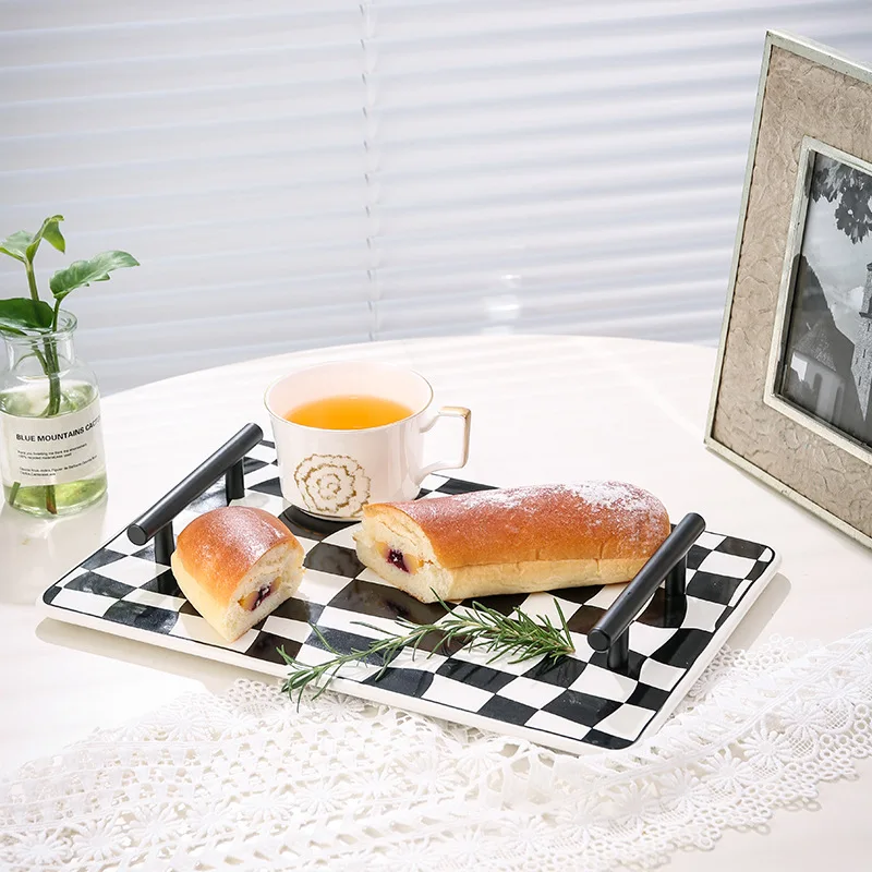 

Nordic black checkerboard pattern rectangular ceramic tray desktop storage tray binaural jewelry tray cup storage tray