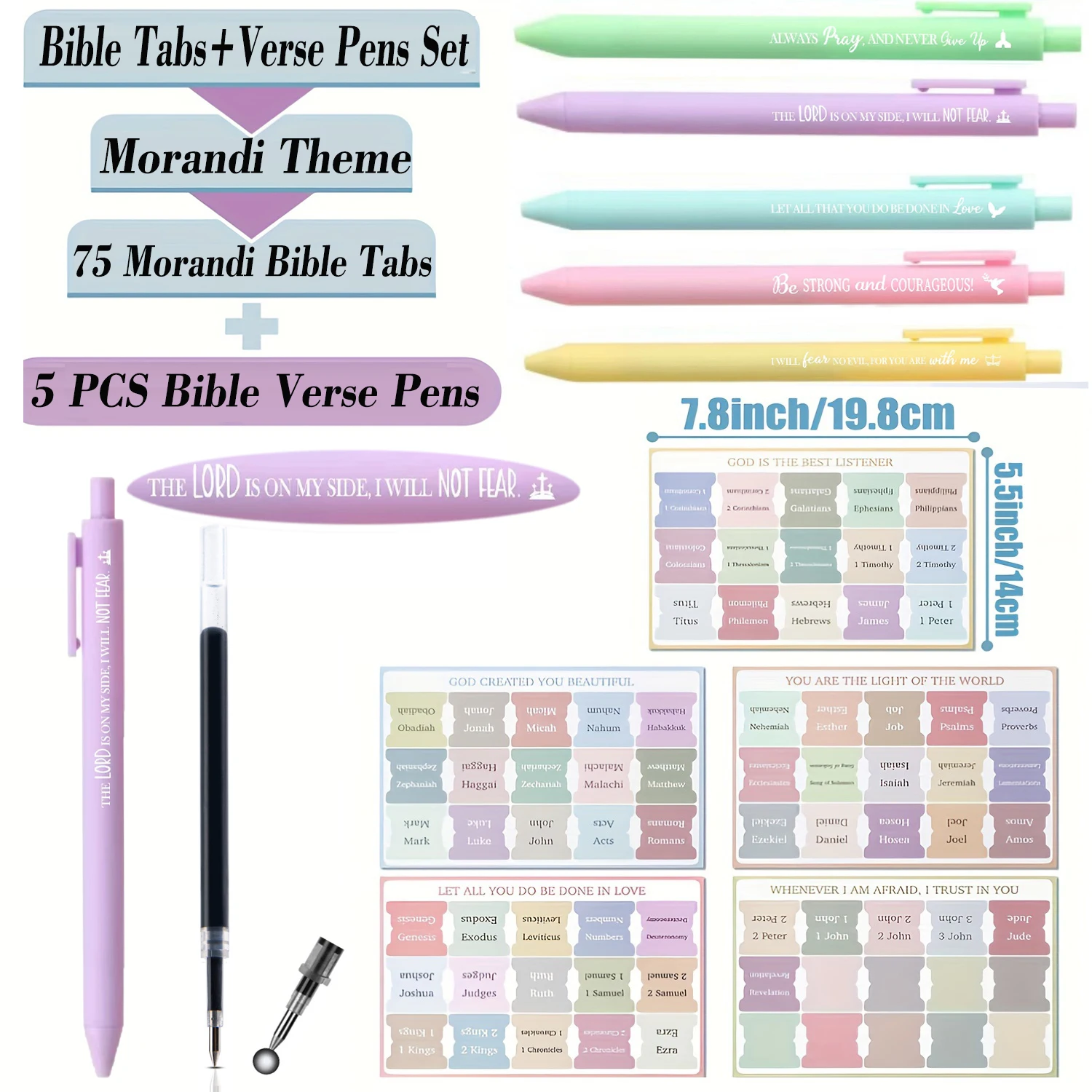 Bible Verse Pens+ Bible Tabs Set, Morandi Theme, Durable Plastic With Motivational Quotes & Bible Tabs for Study Bible.