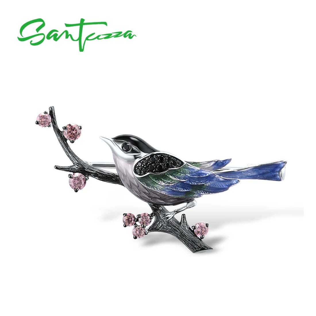 SANTUZZA Pure 925 Sterling Silver Brooch For Women Colorful Hummingbird / Magpie Bird Lovely Animal Trendy Fine Jewelry Enamel