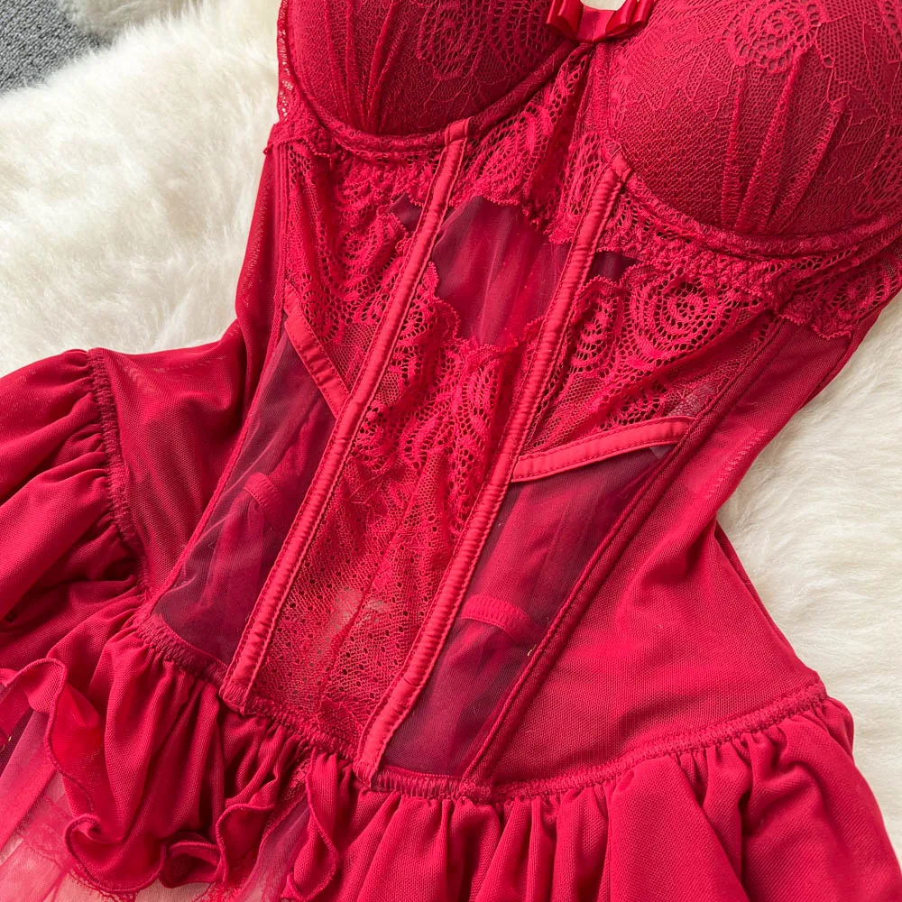 Fxtf Spitze sexy Unterwäsche Anzüge Frauen Rüschen schiere Camis Mesh sinnliche Kleid Anzüge Porno erotische offene Schritt schlanke Pyjama Kleider