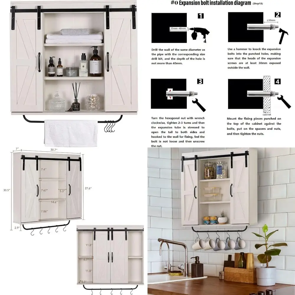 Rustic Wooden Wall-Mounted Storage Cabinet with Sliding Barn Doors, 3-Tier Vintage Farmhouse Style for Kitchen and Dining Area