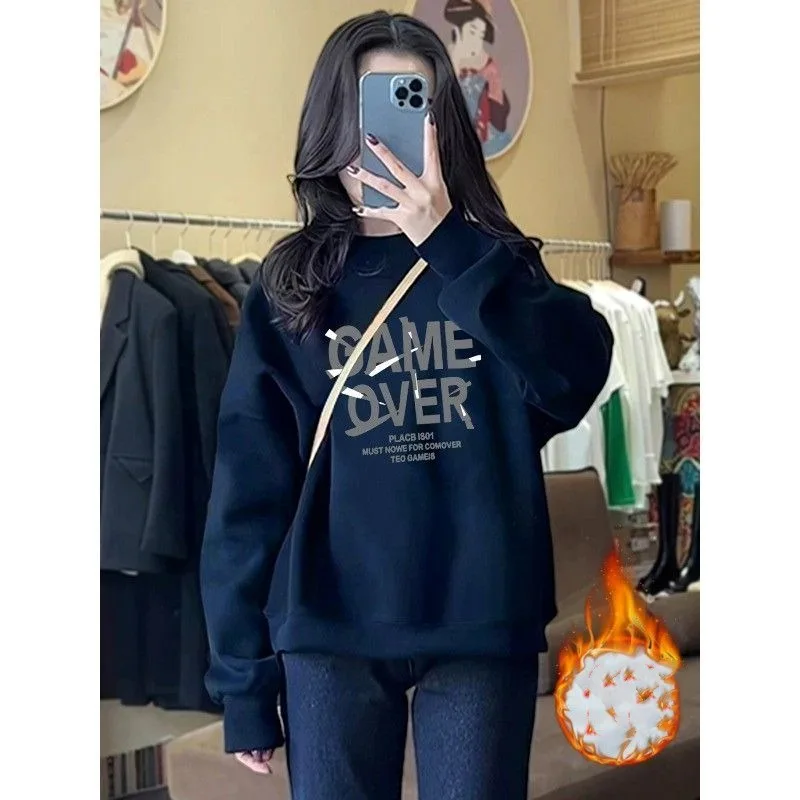 Autumn and Winter Women\'s Crew Neck Long Sleeves Printing Loose Pullovers Korean Hoodies Fashion Casual All Match Tops