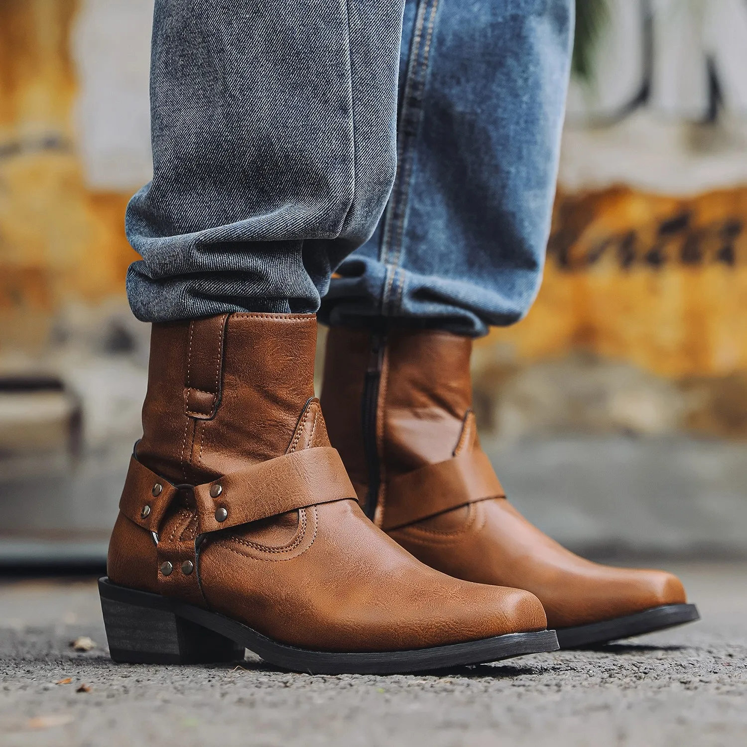 Retro Short Boots Cowboy Medium Men's Rivet High Heel Western Zipper Style