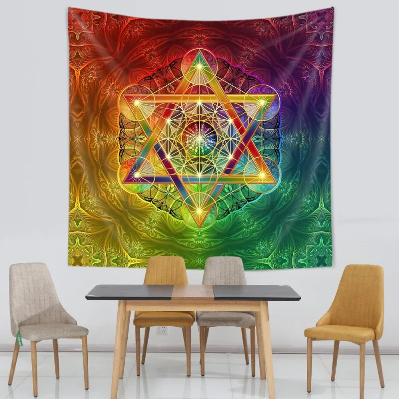 Merkabah And Flower Of Life With Metatron S Cube Home Psychedelic Colorful Hanging Tapestries Dorm Wall Art Yoga Mat Tapiz