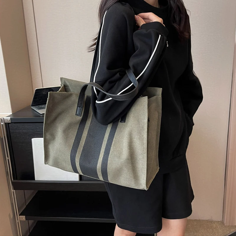 Minimalist Stripe Shoulder Bag Large Canvas Handbag for Travel Camping Portable Briefcase Women's Crossbody Bag