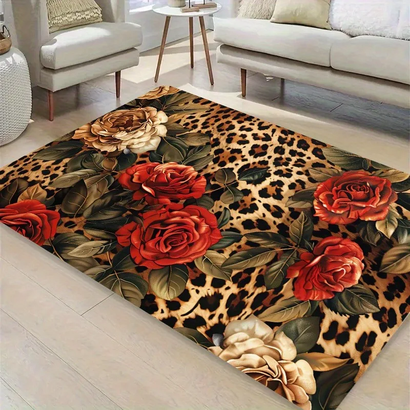 Böhmischer Teppich, Plüschteppich mit Leoparden- und Rosenmuster, luxuriöse weiche Bodenmatte für Nachttisch, Esszimmer, Wohnung, Retro-Heimdekoration