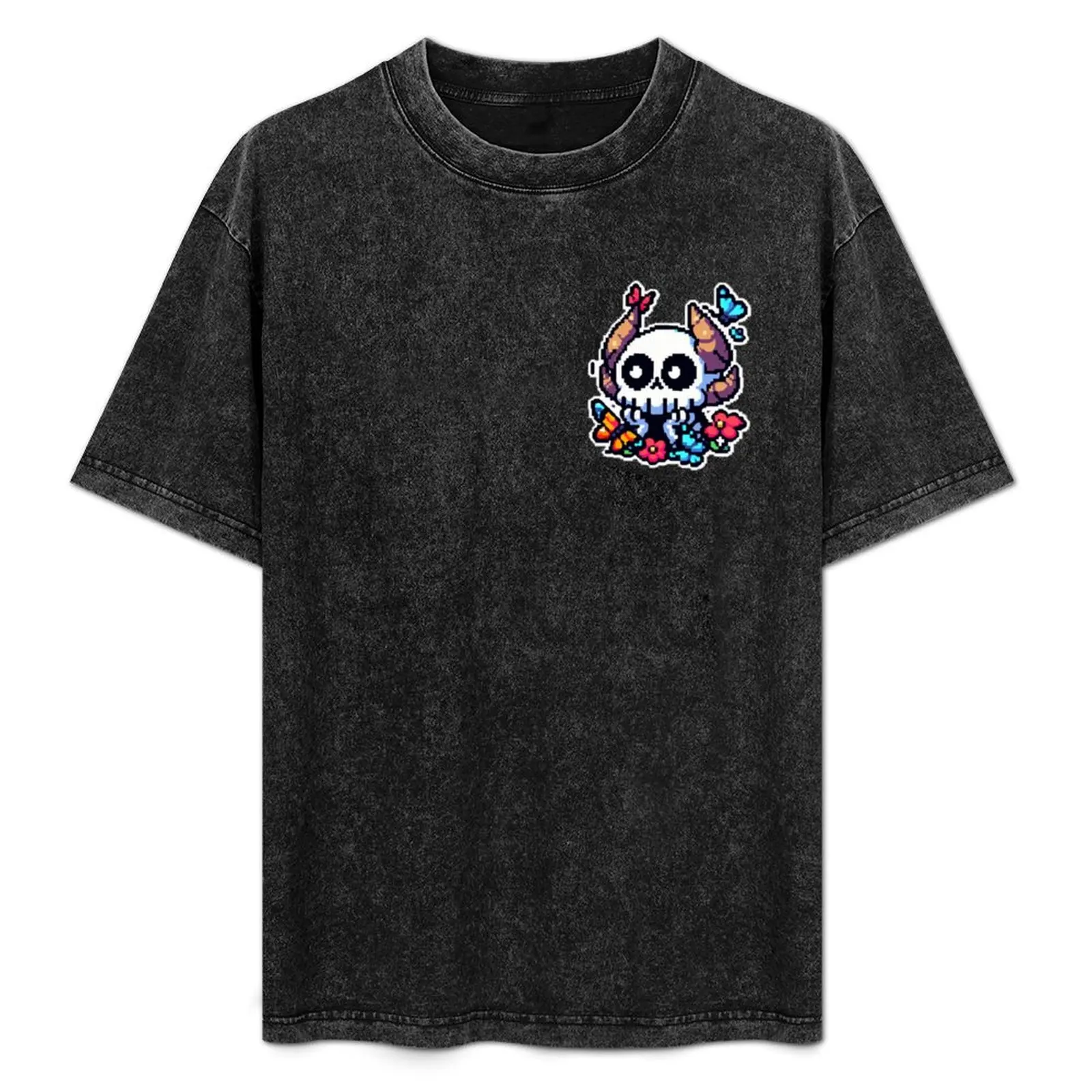 

Pixelated Tranquility: Cute Horned Skull Enjoys The Butterflies T-Shirt graphics custom t shirt boys animal print men t shirts