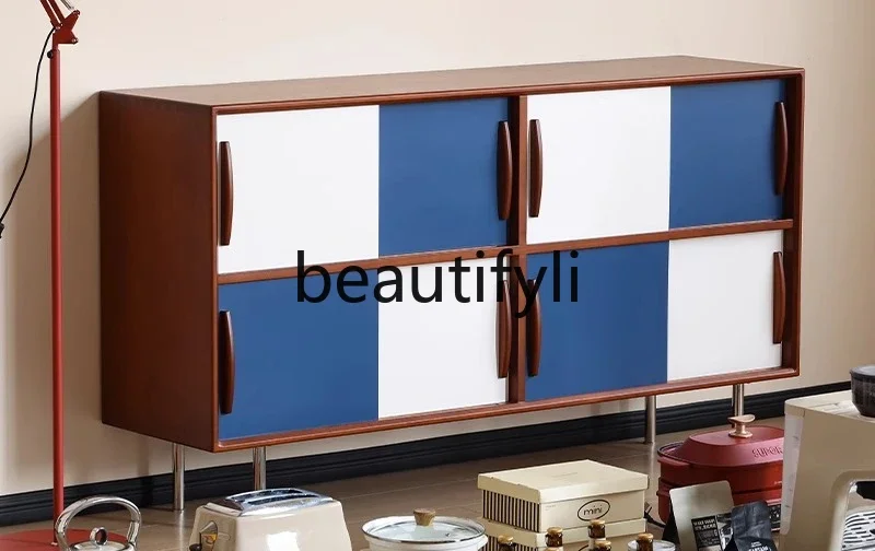 

x11Medieval solid wood contrasting color dining side cabinet against the wall storage small apartment tea coffee corner cabinet