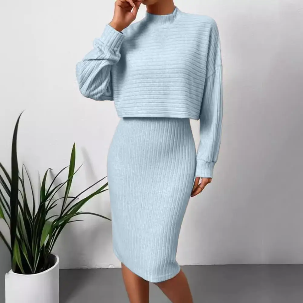 Two-piece Set Dress +Top Suit Women  Long Sleeve Sweater V Neck Sheath Slim Fit Sleeveless Midi Dress Outfit