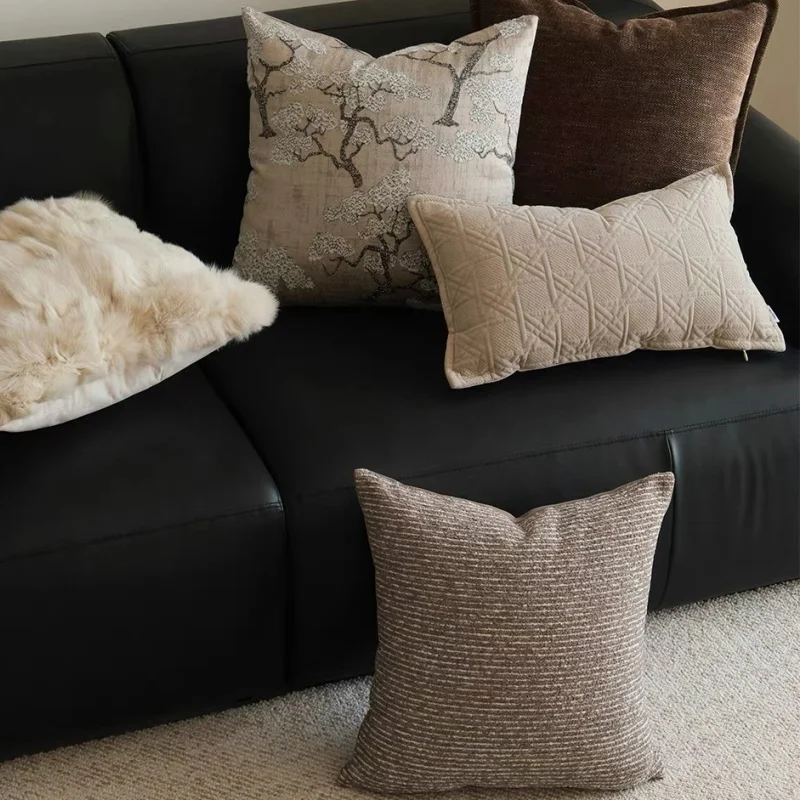 Luxury Neutral Textured Throw Pillow Cover Embroidered Cherry Blossom & Quilted Cushion Case Modern Beige Decorative Pillow