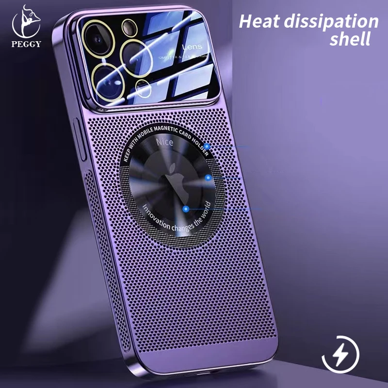 Heat Dissipation Phone Case For iPhone 15 11 12 13 14 Pro Max Electroplated Mesh Magsafe Glass Lens Enlarge logo Magnetic Cover