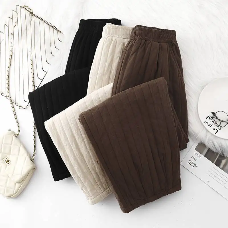 

Зимние утепленные хлопковые брюки женские, широкие, в ретро-стиле, в полоску, для похудения, повседневные, из утолщенной хлопково-льняной смеси, теплые