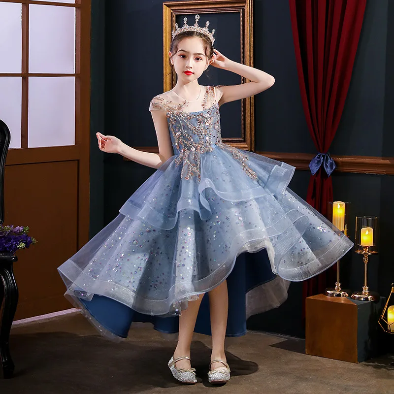 Blue Lace Flower Girl Dress Sequin Tulle Princess Dress For Girl First Communion Dress Kids Birthday Dress Child Party Vestido