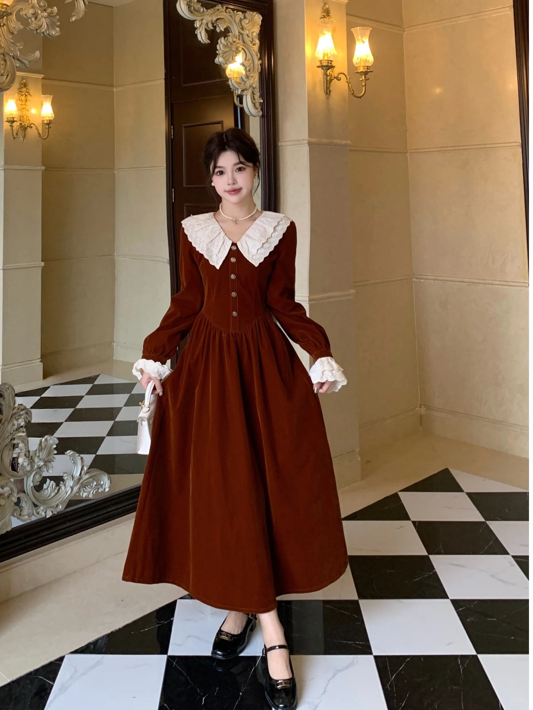 

plus Size Velvet Lace Trimmed Collar Dress Women's Autumn Winter New Waist Cinching A-Line Skirt Korean Style Commute Fashion