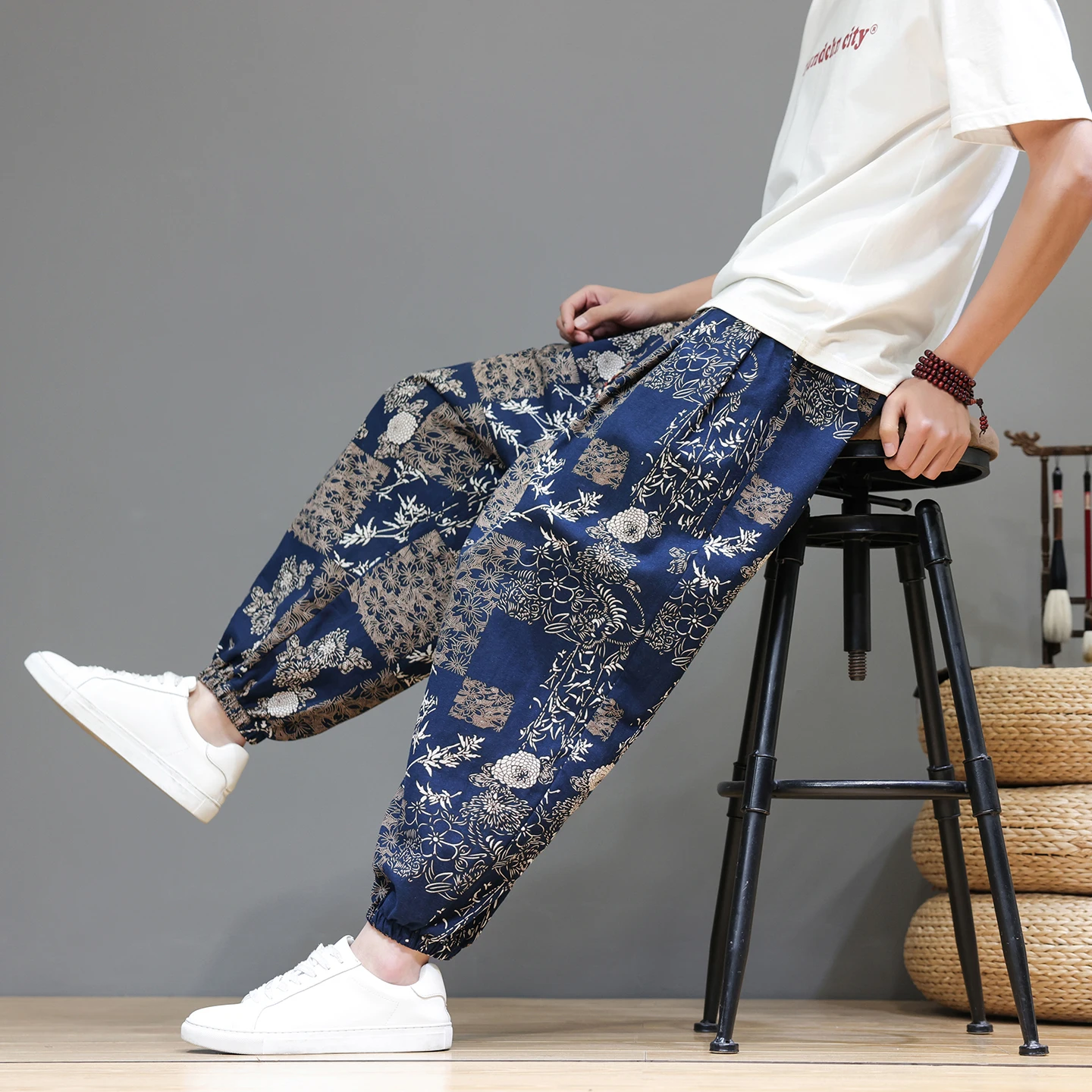 

Pantalon Homme Style Traditional Men's Clothing Printed Cotton Linen Bloomers Harem Pants Summer Men Pantalones Hippies Hombre