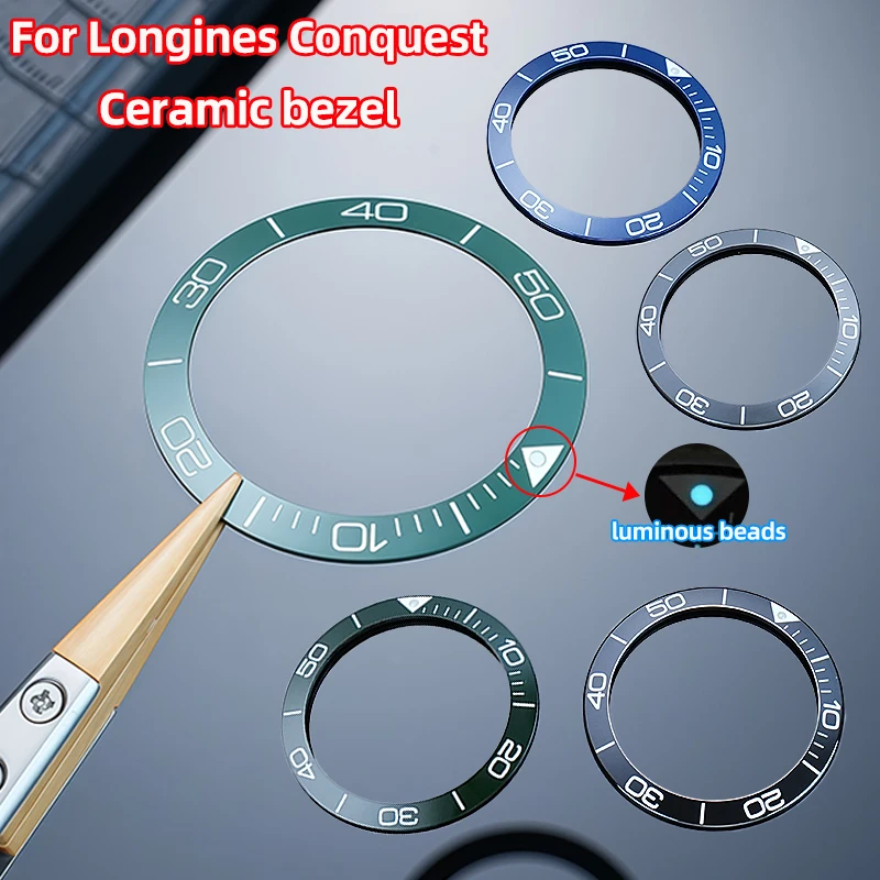 Ceramic Bezel With Luminous Bead For Longines Conquest Hydroconquest 39*31.2 Or 40.6*32. 4mm Black Green Blue Bezel Insert Ring