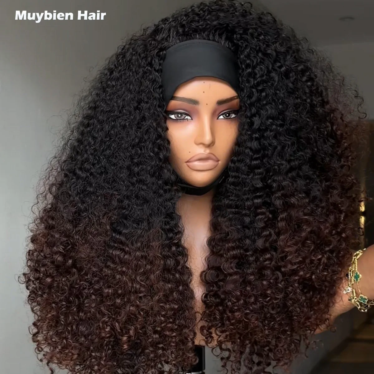 450 Density Ombre Brown Kinky Curly Head Band Wig 100% Human Hair Glueless Wigs for Black Woman Wera and Go Glueless Wigs - view 2