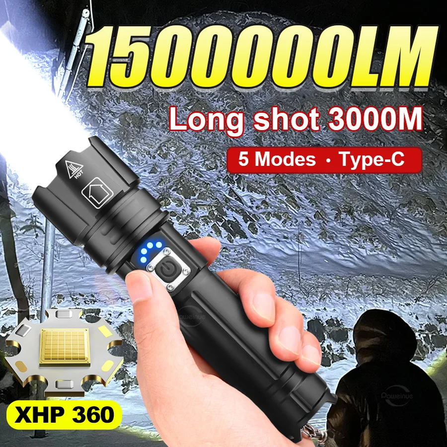 

Суперяркий фонарь 1500000LM XHP360 LED, перезаряжаемый кемпинговый фонарь, тактический фонарь из алюминиевого сплава для охоты