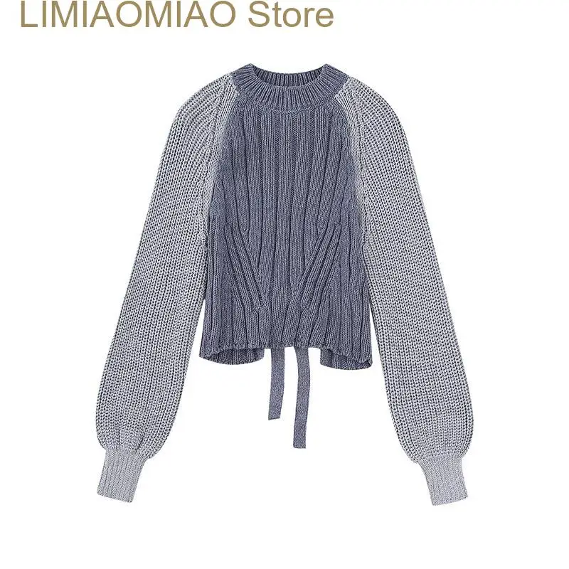 New All-Match Patchwork Knit Pullover Sweater Female Fashion Brief Strappy Clothes Autumn and Winter Ladies Casual O-Neck Coat