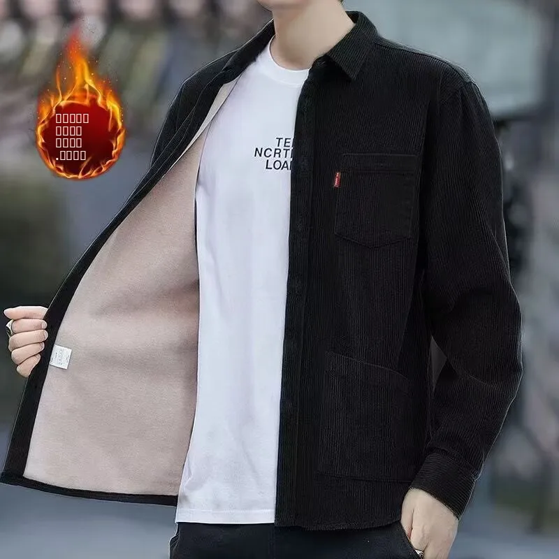 

Thiened Fce Lined Corduroy Long Sve irt Jaet Men's Autumn Winter Warm Casual Retro Sle Top Quali Polyester Fiber