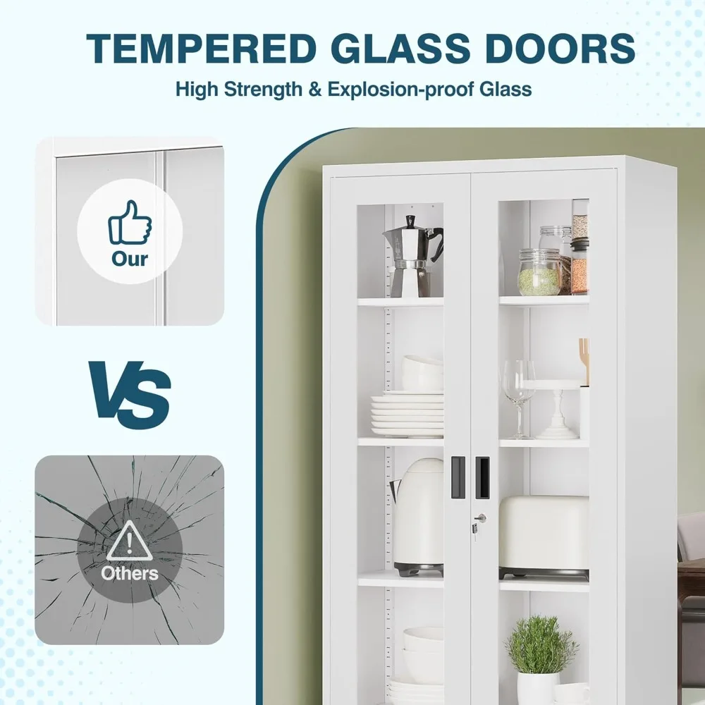 MIIIKO Glass-Door Display Cabinet, 71 Tall Metal Storage Cabinet for Home Office and Collectibles, with Adjustable Shelves