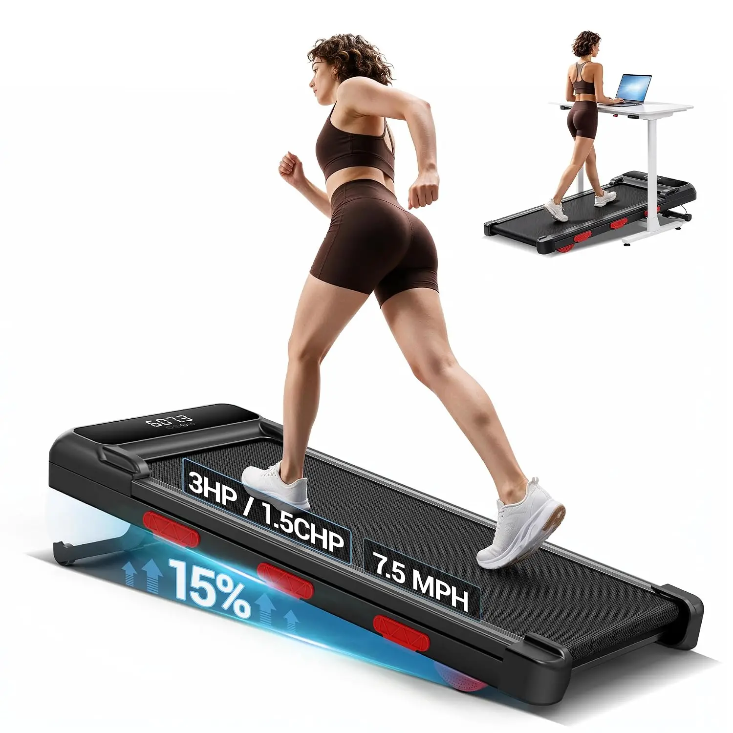 Auto Incline Walking Pad Under Desk Compact Treadmill Home Office 15% Incline, Customized